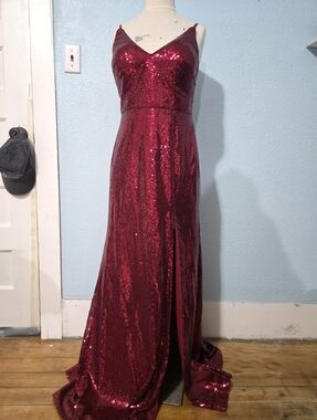 Red Sequin V-Neck Slit Gown